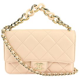 Chanel 20C Light Beige Quilted Leather Wallet on Double Chain 2way 1CC1110