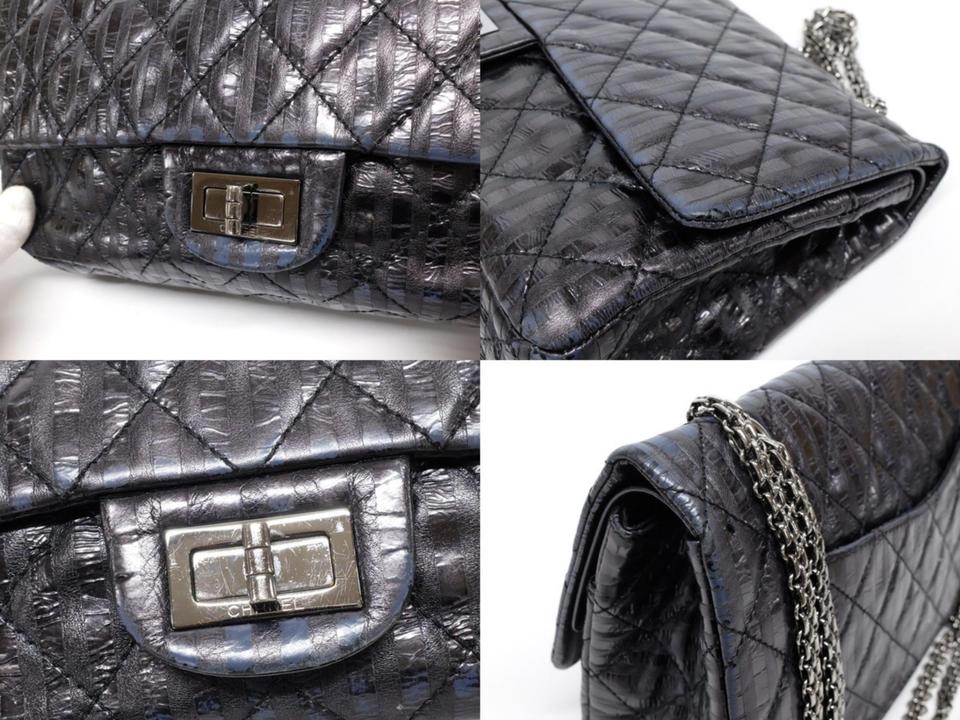 Chanel 2.55 Reissue Double Flap Jumbo Pin Stripe Rayures Classic 239715  Charcoal X Black Calfskin Leather Cross Body Bag, Chanel