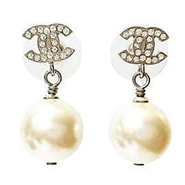 Chanel Classic Silver CC Rhinestone Simulated Glass Pearl Dangle Piercing Earrings