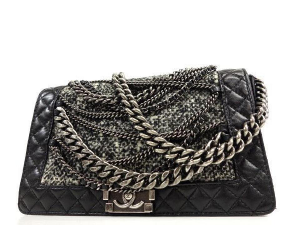 Boy Chanel Double Chain Shoulder Bag Black Tweed Caviar Skin 46550