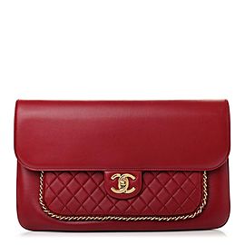 Chanel New Dark Red Lambskin Gold Chain CC Unchained Flap Maxi Clutch 1216c23