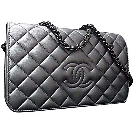 Chanel Dark Silver Quilted Leather Wallet on Chain Crossbody Flap 92ca78