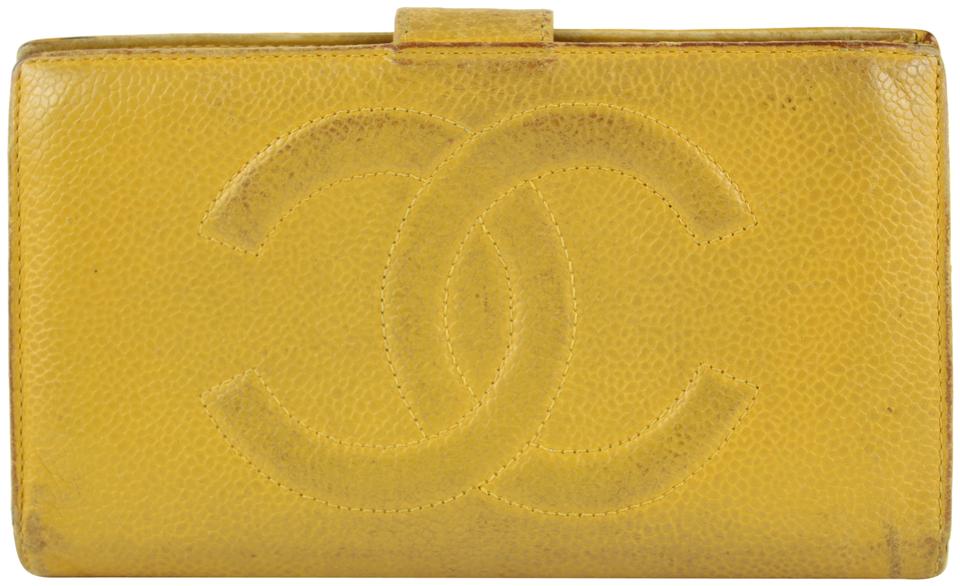 Chanel Yellow Mustard Caviar CC Logo Long Flap Wallet L-Gusset Yen 7CCs1223