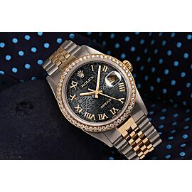Rolex Oyster Perpetual Datejust Diamond Bezel Black Roman Jubilee Dial Two Tone Watch