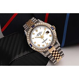 Rolex Datejust White Roman Numeral Dial Sapphire + Diamond Bezel Two Tone Watch