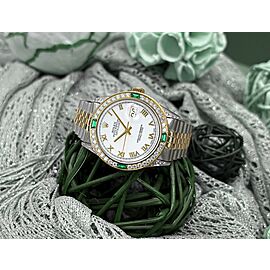 Rolex 36mm Datejust White Roman Dial with Diamond Lugs & Diamond/Emerald Bezel Two Tone Watch