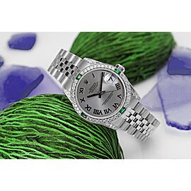 Rolex Datejust Silver Roman Dial with Emeralds & Diamond Bezel + Lugs SS Watch