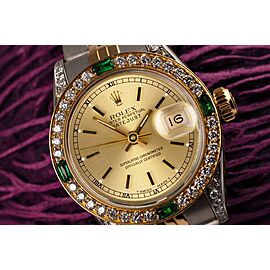 Ladies Rolex Datejust Champagne Index Dial Two Tone Watch with Emeralds & Diamonds