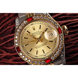 Ladies Rolex Datejust Champagne Index Dial Two Tone Watch with Rubies & Diamonds
