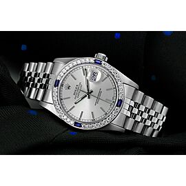 Rolex Datejust Silver Stick Dial with Diamond & Blue Sapphire Bezel Steel Ladies Wrist Watch