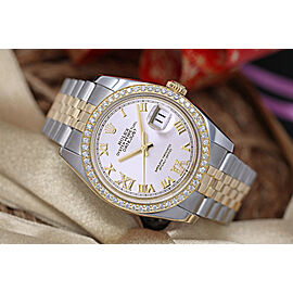 Rolex 36mm Datejust White Diamond Roman Dial with Diamond Bezel Two Tone Watch Jubilee Hidden Clasp