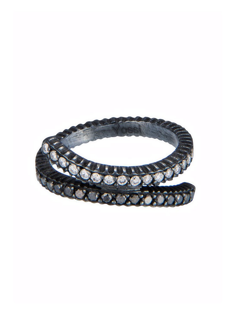 Yossi Harari Jewelry Lilah Oxidized Gilver Black & White Diamond Crisscross Ring Size 6