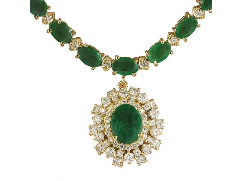 30.90 Carat Emerald 14K Yellow Gold Diamond Necklace