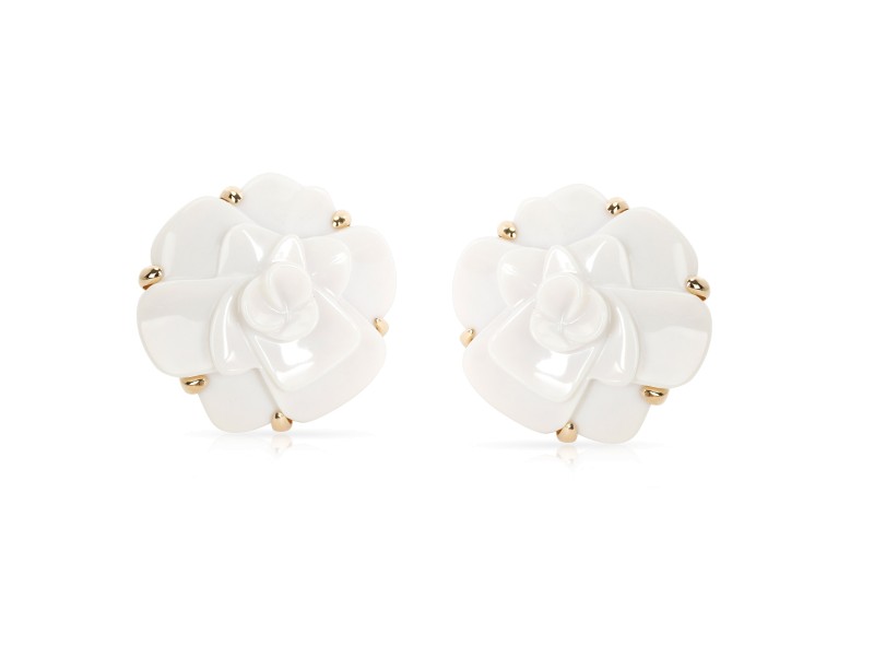 Chanel Camelia White Agate Flower Earrings in 18K Yellow Gold