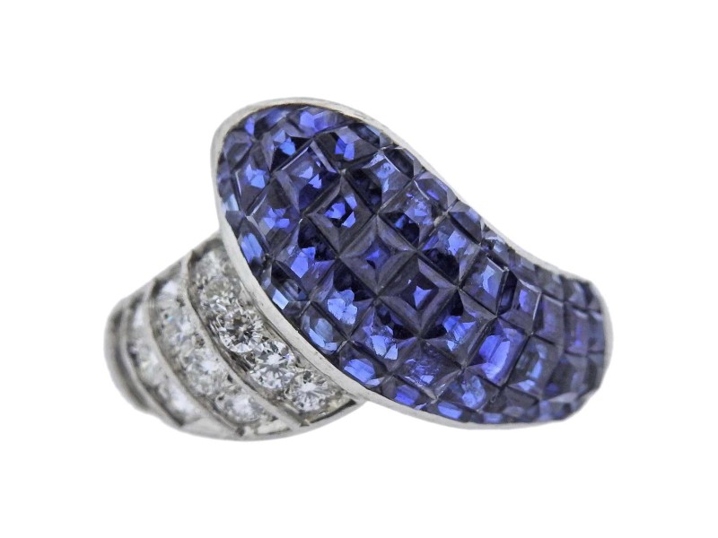4.49 Carat Invisible Set Sapphire Diamond Platinum Cocktail Ring