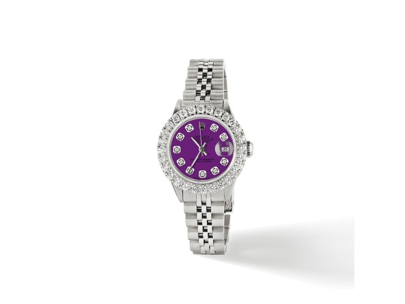 Rolex Datejust Steel 26mm Jubilee Watch 2CT Diamond Bezel / Dark Purple Dial