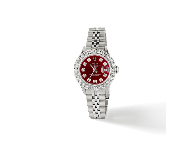 Rolex Datejust Steel 26mm Jubilee Watch 2CT Diamond Bezel / Candy Red Dial