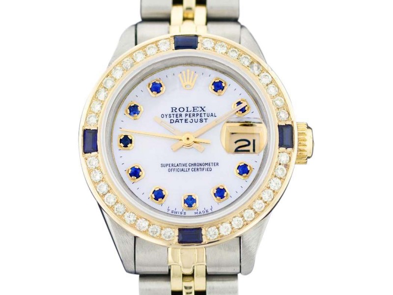 Rolex Datejust Oyster Perpetual Stainless Steel 18K Yellow Gold Mother Of Pearl Diamond/Sapphire Watch