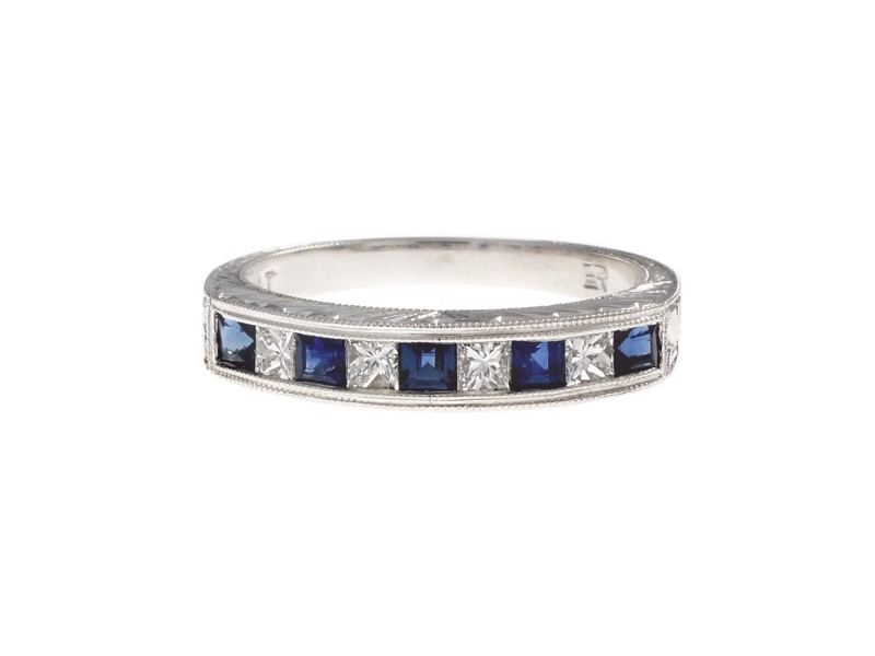 Platinum with Sapphire & Diamond Wedding Band Ring Size 6.5