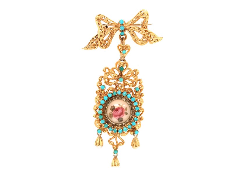 18k Yellow Gold Hand Painted Hanging Brooch