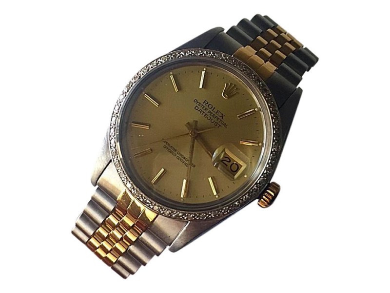 Rolex Datejust 16013 Stainless & 18K Gold Champagne Dial / Diamond Bezel Mens Watch