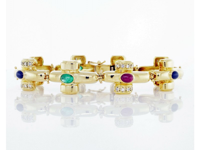 Catherine Mullen 18K Yellow Gold Link Emerald Ruby & Sapphire Bracelet 