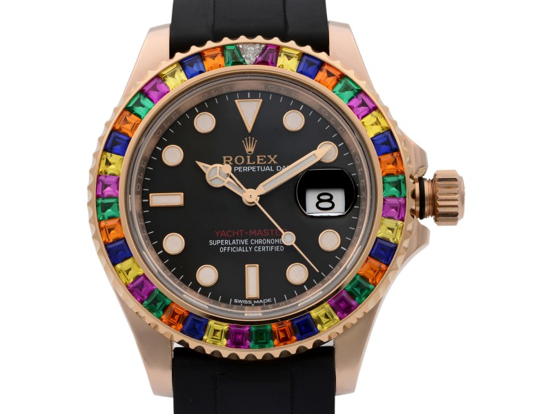 Rolex Yacht-Master Custom Rainbow Bezel Black Dial Everose Gold Watch 116655