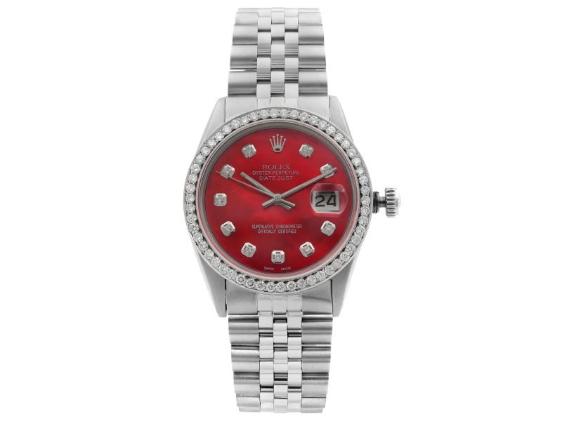 Rolex Datejust Steel Custom Diamond Red MOP Dial Automatic Mens Watch 16014