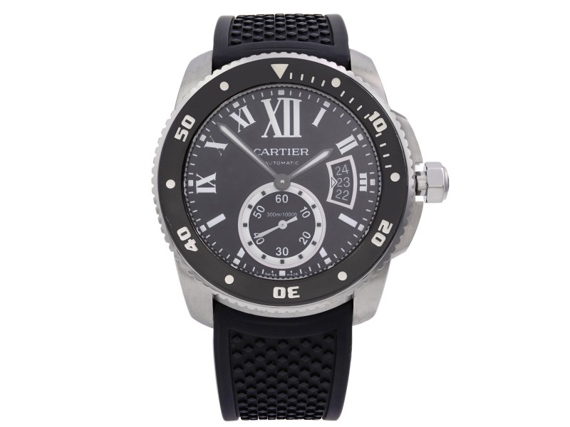 Cartier De Calibre Steel Rubber Black Roman Dial Automatic Mens Watch W7100056