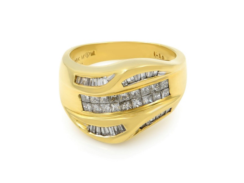 Rachel Koen 18K Yellow Gold Diamond Wave Ladies Cocktail Ring 1.10Cttw