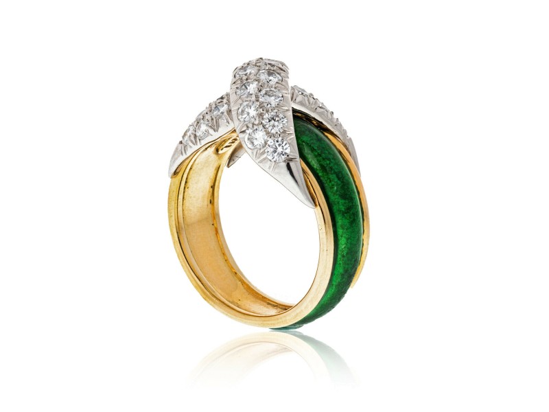 Tiffany & Co. Green Enamel Schlumberger Pave X Diamond Ring Size 5