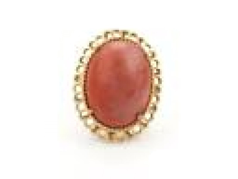 Vintage Large Coral 14k Yellow Gold Large Solitaire Fancy Oval Ring Size - 7
