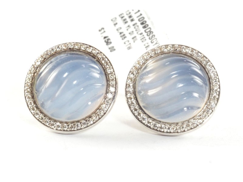 David Yurman 925 Sterling Silver with Blue 0.435ctw Diamond and Chalcedony Cable Button Earrings