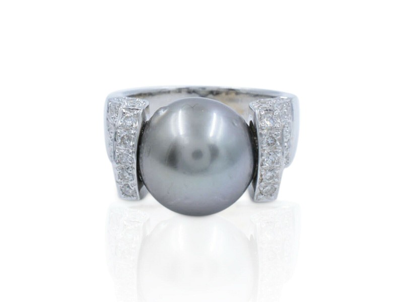 Rachel Koen 18K Gold Black Tahitian Pearl Diamond Ladies Ring 0.75Cttw Size 6.5