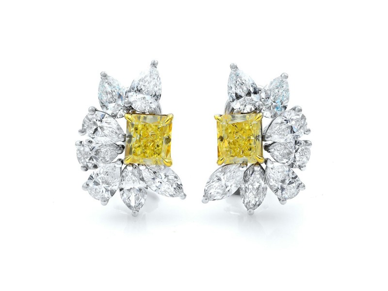 18K White Gold Fancy Yellow and White Diamonds Huggies Earrings 9.08cttw