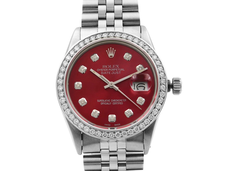 Rolex Datejust 1.20 Cttw Custom Diamond Red Dial Mens 1985 Watch 16014