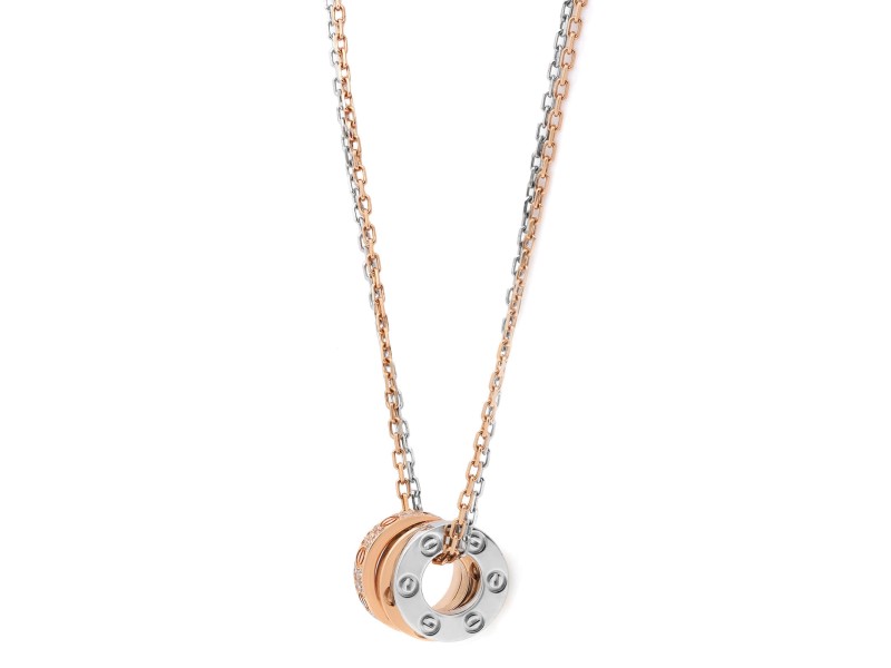Cartier Love Two Tone 3 Hoop Diamond Pendant Necklace 18K White and Rose Gold 