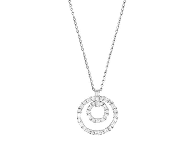 1.70Cttw Baguette & Round Diamond Double Ring Pendant Necklace 18K White Gold