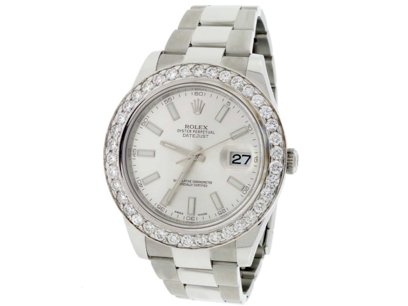 Rolex Datejust II 41MM Silver Stick Dial Automatic Stainless Steel Mens Oyster Watch with 4.20CT Diamond Bezel 116300