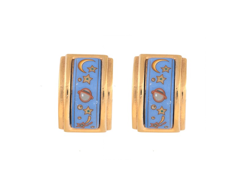 Hermes Gold Tone & Blue Enamel Planet Motif Enamel Clip-On Earrings
