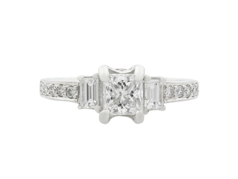18K White Gold Princess & Emerald Cut Three Stone Engagement Ring 1.36ct SZ 6.5