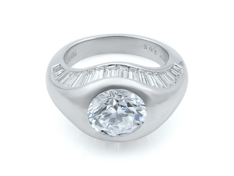 Platinum Unique Baguette Cut Diamonds and Round Center Stone Ring Size 5
