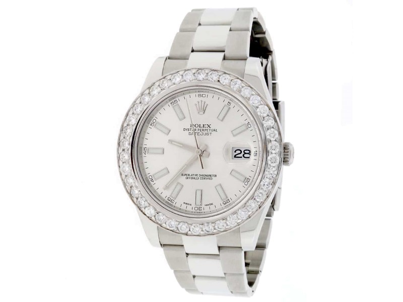 Rolex Datejust II Silver Stick Dial 41MM Stainless Steel Automatic Oyster Mens Watch w/4.20CT Diamond Bezel 116300