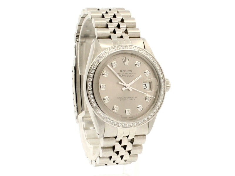 Mens Vintage ROLEX Oyster Perpetual Datejust 36mm Silver Dial DIAMOND Watch