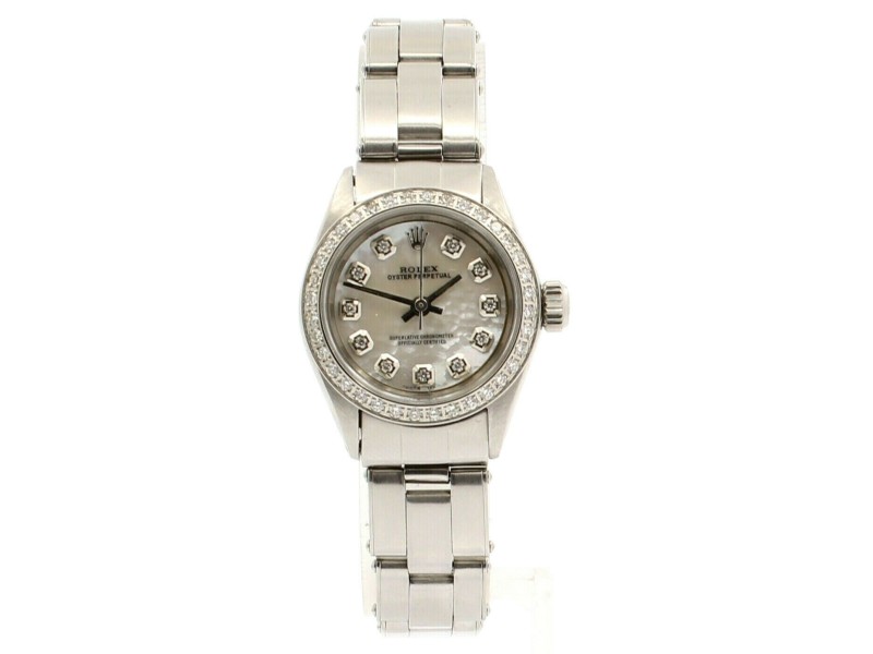 ROLEX Oyster Perpetual 25mm White MOP Dial Steel Diamond Ladies Watch
