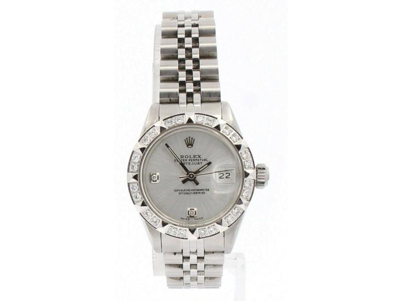 Ladies ROLEX Oyster Perpetual Datejust Steel 26mm Silver Dial Diamonds Watch