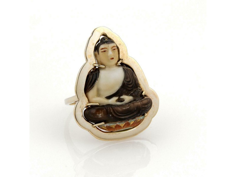 Vintage 14k Yellow Gold Hand Painted Buddha On Lotus Flower Ring Size 8.5