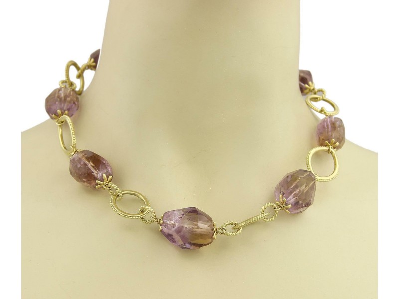 Amethyst Faceted Oval Bead 18k Yellow Gold Detachable Links Necklace 33"L 170grm