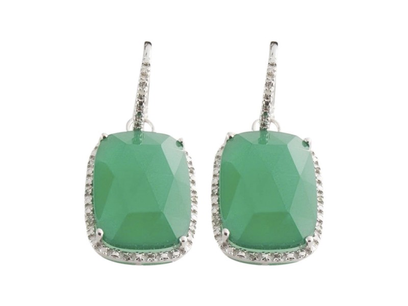 Sterling Silver Green Agate & Diamond Earrings 