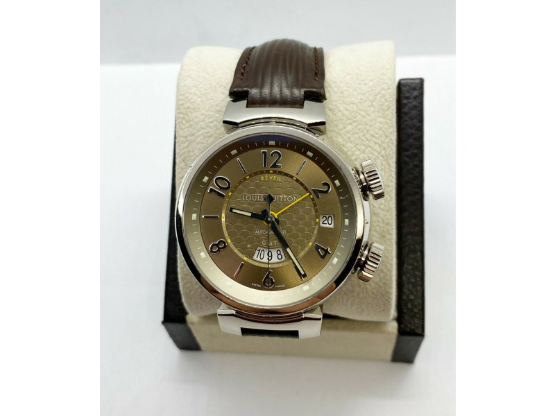 Louis Vuitton Q1154 Tambour GMT Alarm Brown Leather Strap 18K White Gold